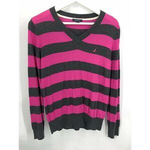 Nautica Pink & Black Striped V-Neck Sweater Size M